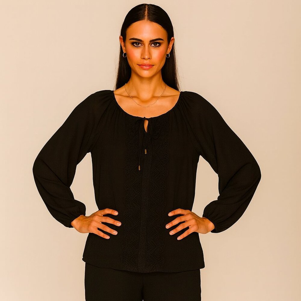 Naked Zebra Black Lace Accented Boho Semi Sheer Black Blouse – Size 1X